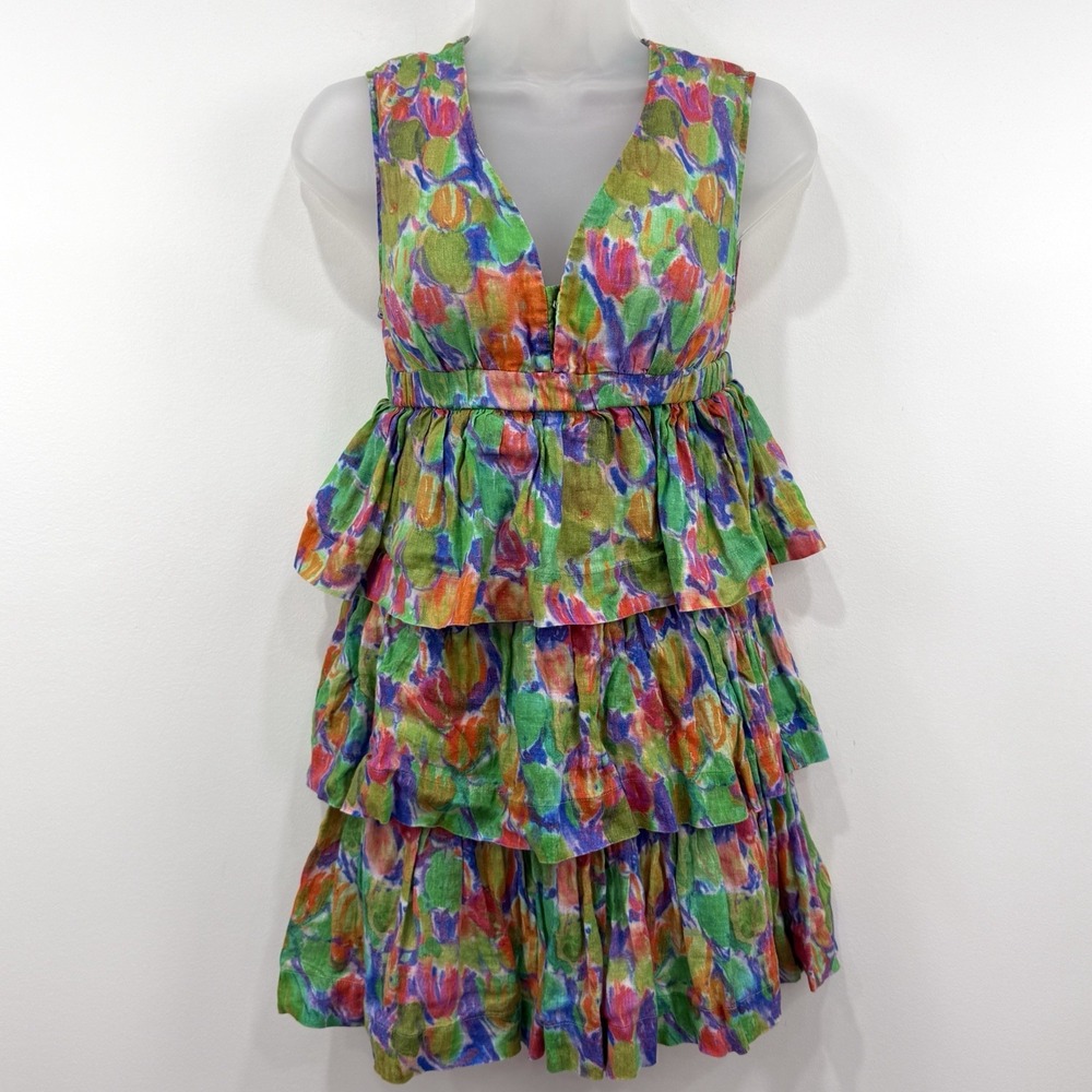 Hope For Flowers By Tracy Reese Tiered Mini Dress XSP 100% Organic Linen Femme